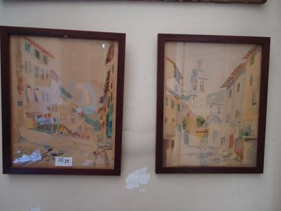 Trois aquarelles, Deux vues de village, une...