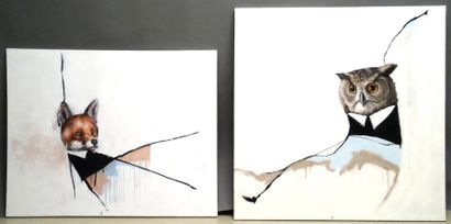 Esemble de deux toiles COEUR hibou-2010 huile...