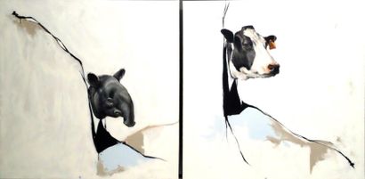 Esemble de deux toiles COEUR vache-2010 huile...