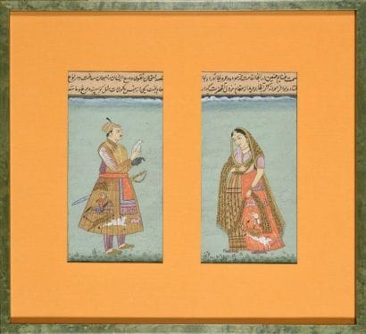 
Trois miniatures peintes, figurant un fauconnier,...
