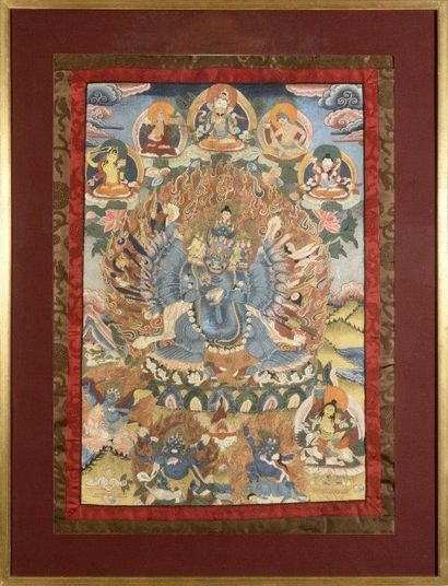 
Ensemble de cinq thangkas peints, représentant...