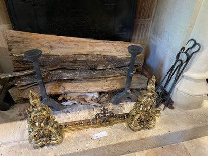 Fire bar and pair of andirons, shovel and...