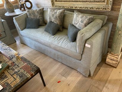 Three seater sofa upholstered in blue fabric...