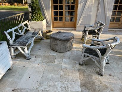 Bench and two armchairs in reconstituted...