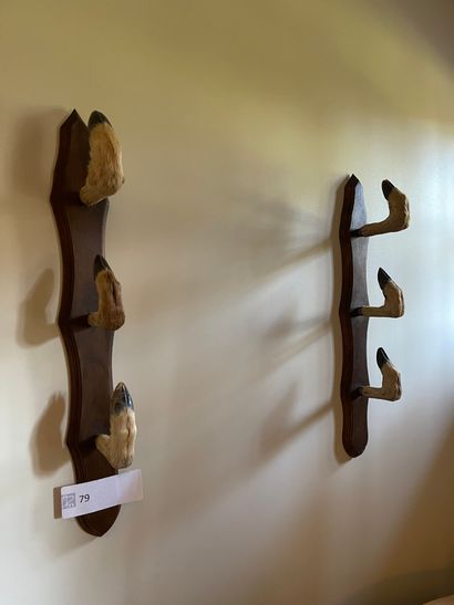 Two wall-mounted coat racks decorated with...