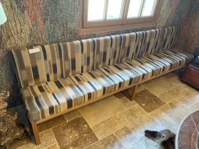 Pair of pine benches with geometric fabric...