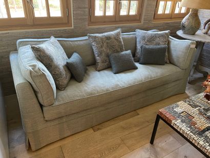 Three seater sofa upholstered in blue fabric...