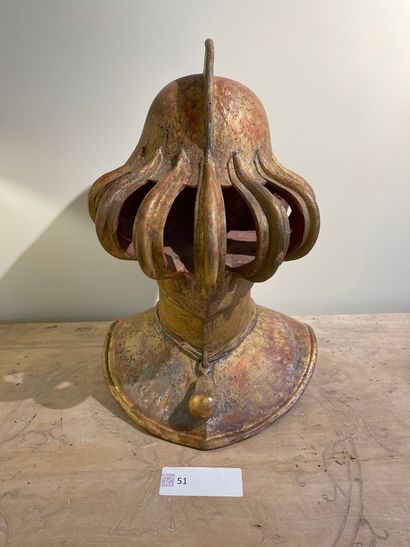 Carved and gilded wood armour helmet
