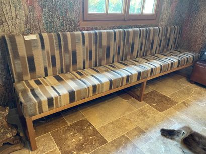 Pair of pine benches with geometric fabric...