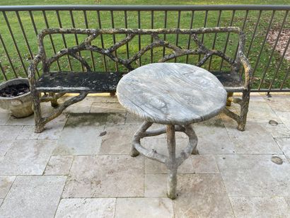 Bench, table and pedestal table in cement,...