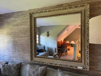 Large rectangular mirror in carved and patinated...