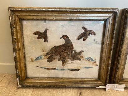 Pair of embroideries with bird design and...