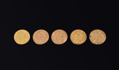 5 French 20 franc gold coins Génie de la...