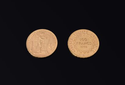 2 French 100 franc coins in yellow gold 1st...
