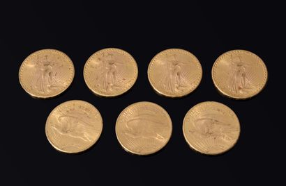 7 yellow gold $20 coins including 6 Liberty...