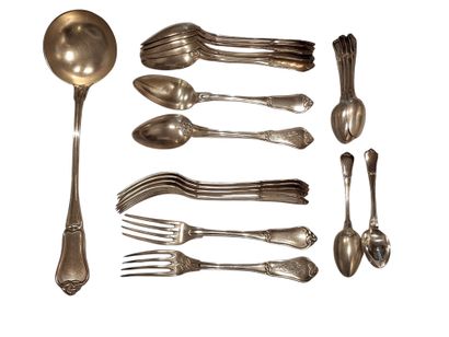 Set of six silver flatware and one spoon:...