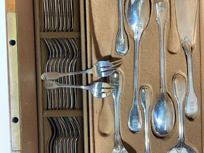 Part of a silver menagère with filet decoration,...