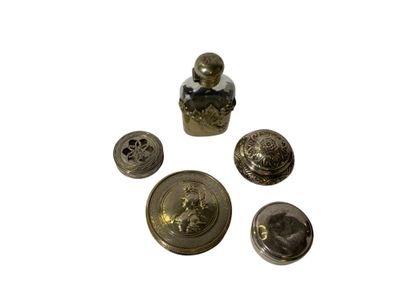 Four silver or silver-plated metal pill or...