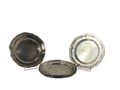 Set of six silver-plated plates with poly-lobed...