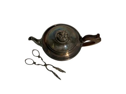 Silver-plated metal teapot with wooden handle...