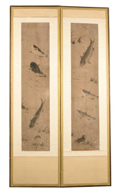 Deux feuilles de paravent à décor aquatique
Corée...