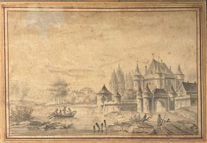Ecole Française
Paysage avec château 
Lavis...