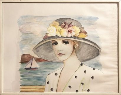 CAMELON
Portrait de femme au chapeau 
Aquarelle...