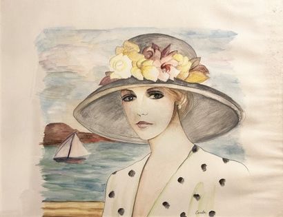 CAMELON
Portrait de femme au chapeau 
Aquarelle...