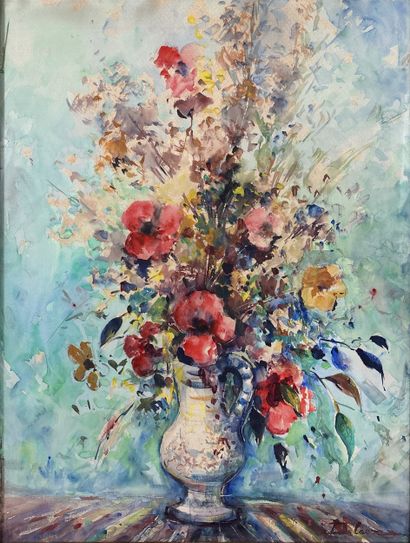 ECOLE FRANCAISE 
Vase de fleurs 
Aquarelle...