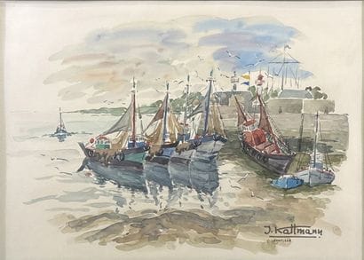 Jules KALLMANN
Vue du port de Honfleur 
Aquarelle...