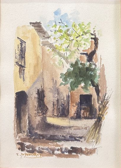E DUDUNCKER 
La cour, vue de village
Auqarelle...