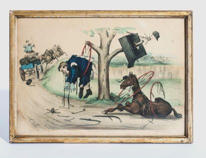 Quatre gravures en couleurs caricaturales
Four...