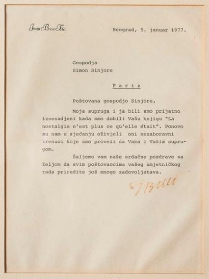 Josip Broz Tito.
Lettre dactylographiée lignée.
Belgrade,...