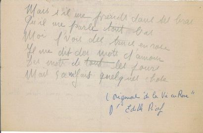 Edith Piaf.
Fragment autographe de «La Vie...