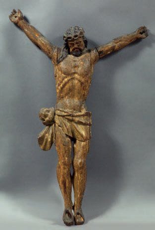 CHRIST EN BOIS SCULPTÉ. Traces de polychromie....