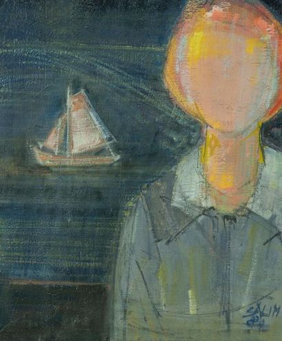 SALIM (1908-2008). 
Buste au voilier. 
Huile...