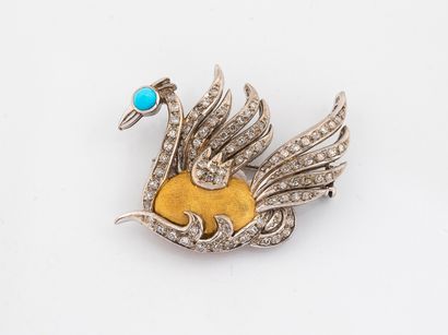 Swan brooch in two golds 750 °/°° decorated...
