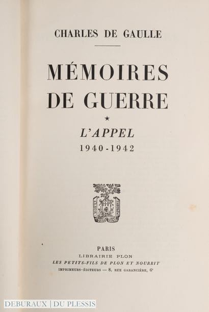 DE GAULLE. Mémoires de guerre. Paris, Plon,...