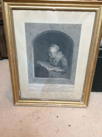 La liseuse, gravure encadrée. Rousseurs et...