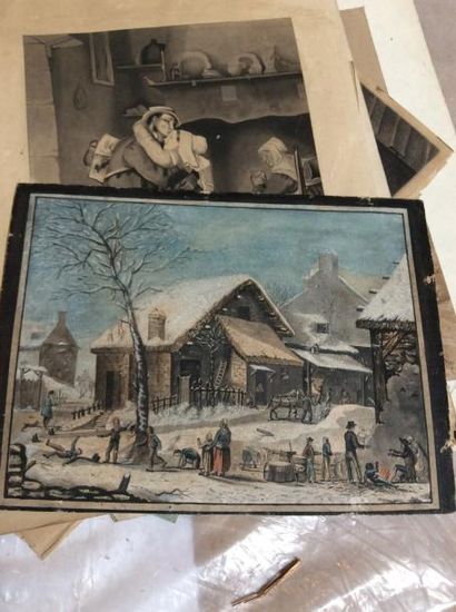 Ecole du Nord. Paysage animé en hiver. Gravure...