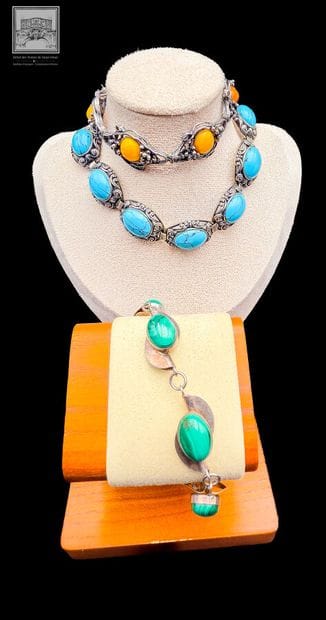 Lot de 3 bracelets en argent ornés de malachite,...