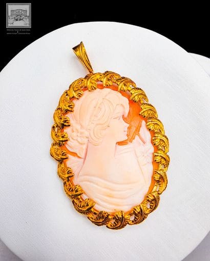 Broche camée coquille
Décor buste de jeune...
