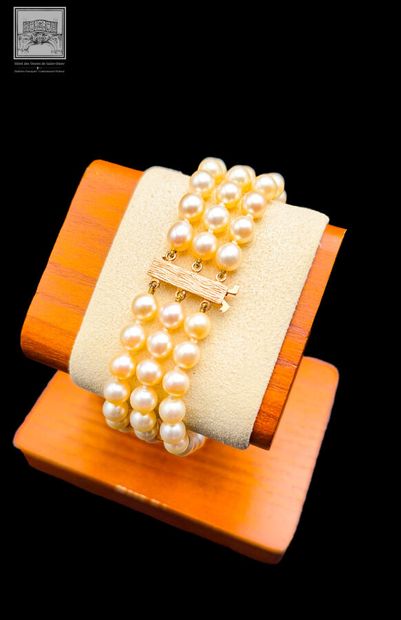Bracelet à 3 rangs de perles de culture 
Fermoir...