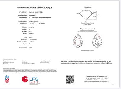 Diamant de taille poire de 3,92 carats, monté...