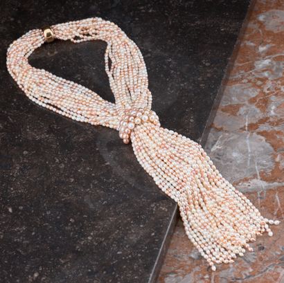 Collier en perles oblong crème et rosée,...