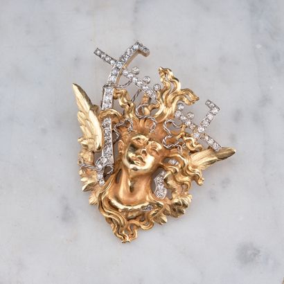 Broche en or jaune 18k 750 millièmes et platine...