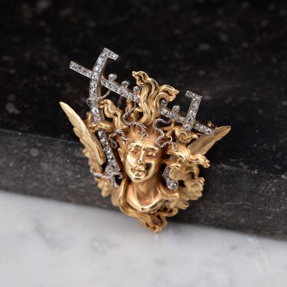 Broche en or jaune 18k 750 millièmes et platine...