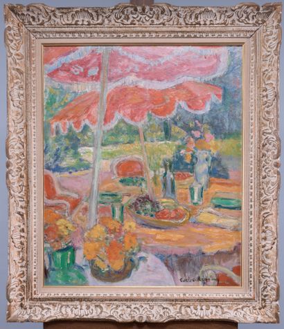 Carlos RAYMOND (1884-1970)
Tables under parasols
Oil...
