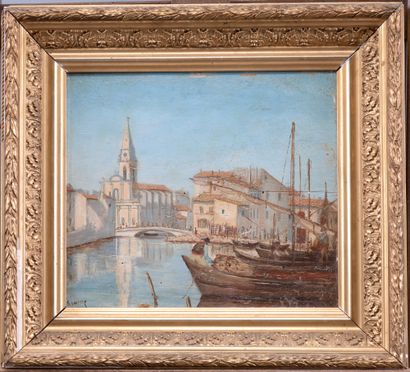20th century school
Harbor view
Oil on panel,...