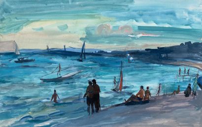 Monique GIRESSE (XX) , plage, gouache sur...